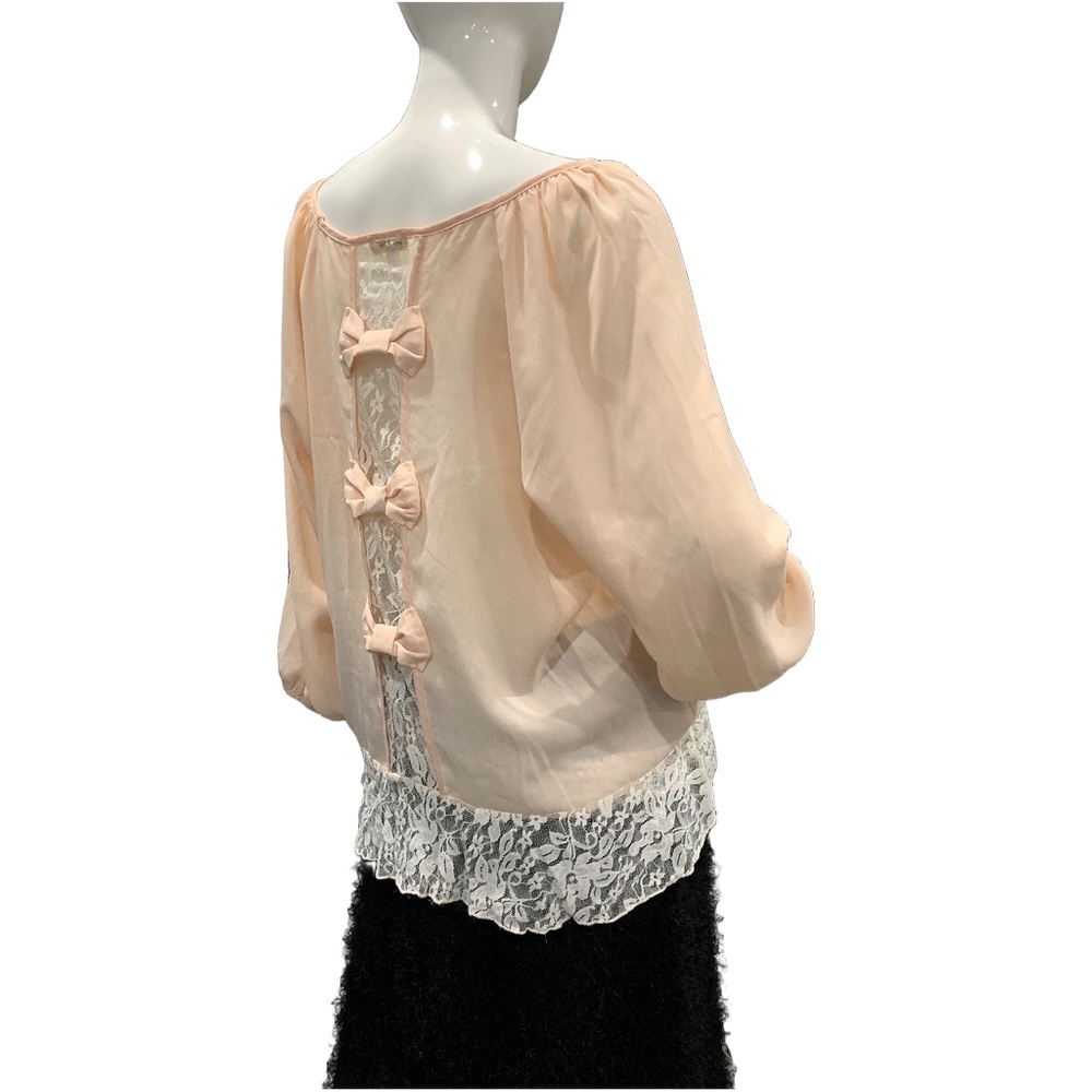 Lily White Blush Pink Lace Back Blouse with Bows XL Boho Peasant Top